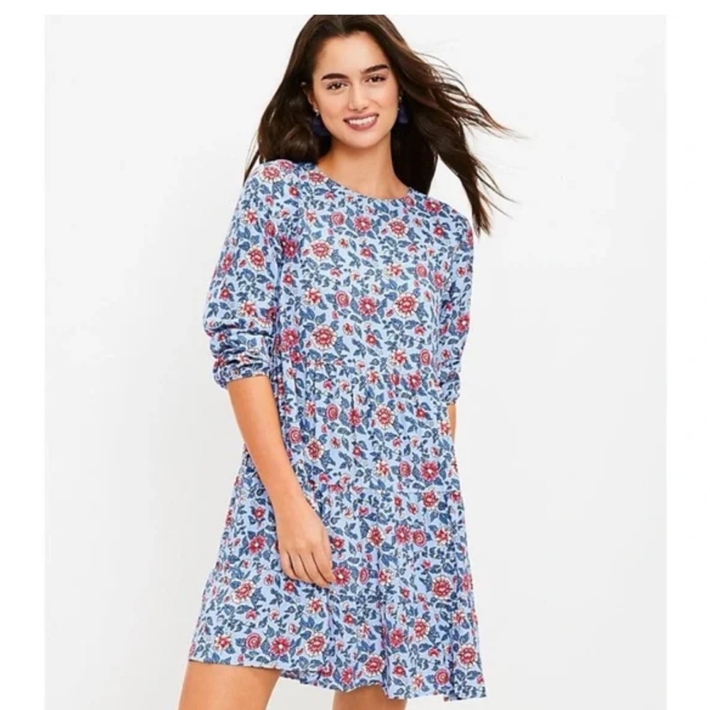 LOFT Garden Tiered Floral Print‎ Long Sleeve Lightweight Pocket Mini Swing Dress